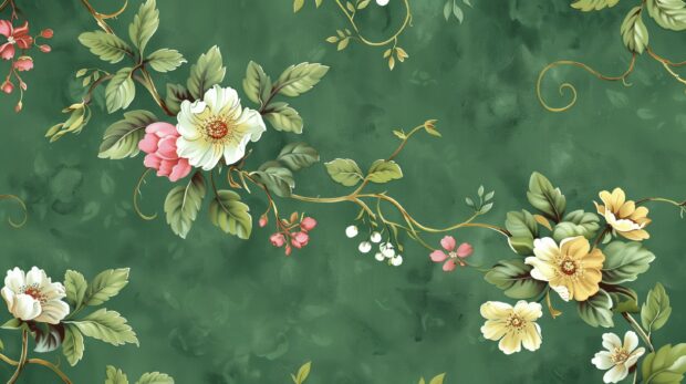 Green wallpaper with flowers.