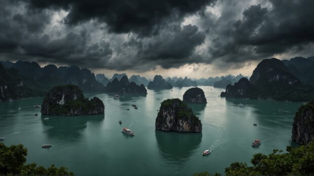 Halong Bay wallpaper with storm clouds gathering over the rugged limestone peaks, creating a sense of awe and wonder at the power of nature.