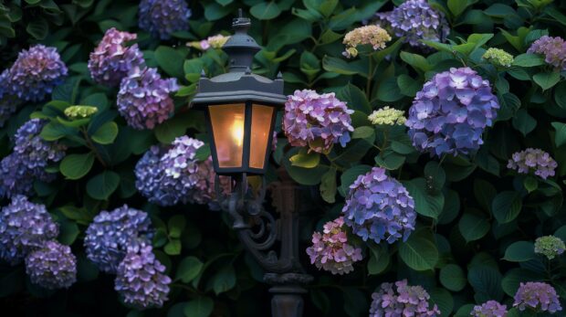 Hydrangea Bush Around Lamp Wallpaper.