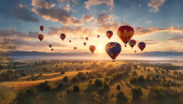 Images of hot air balloons floating.
