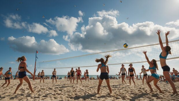 Lively beach volleyball tournament with teams competing under a cloudless sky and seagulls circling overhead.