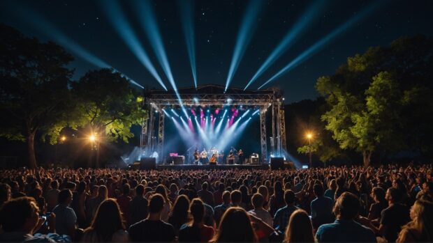 Lively outdoor concert with stage lights, cheering crowds, and performers under the summer moonlight vibes.