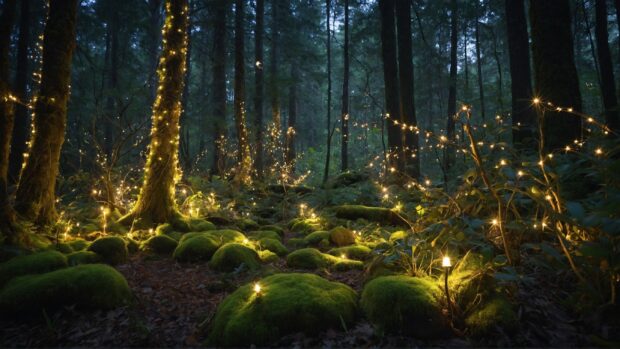 Magical firefly forest with twinkling lights, moss covered trees, and a sense of wonder Summer vibes wallpaper.