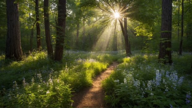 Magical summer forest landscape wallpaper with dappled sunlight filtering through the trees, a carpet of wildflowers, and a hidden pathway leading deeper into the woods.