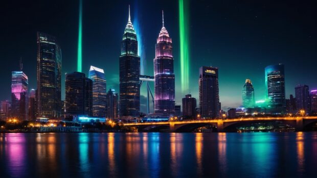 Magical summer night cityscape wallpaper with towering skyscrapers illuminated by the glow of neon lights, reflecting in the calm waters of a river.