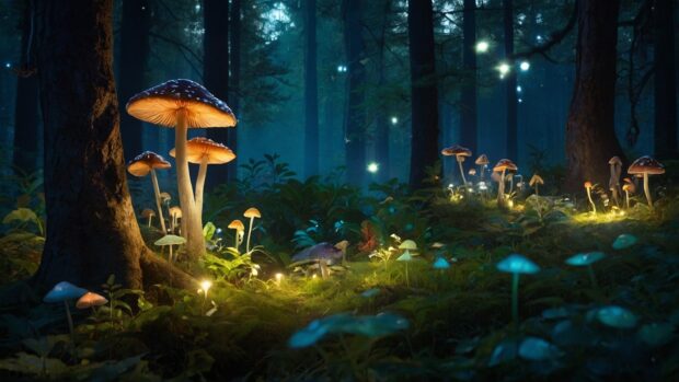 Magical summer night enchanted forest wallpaper with glowing mushrooms and sparkling fireflies.