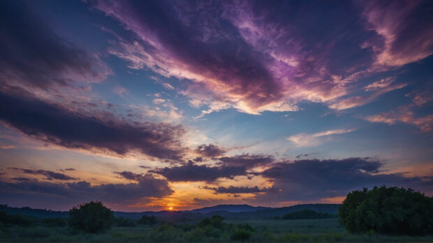 Magical summer sky wallpaper with hues of violet and indigo weaving through wispy clouds.
