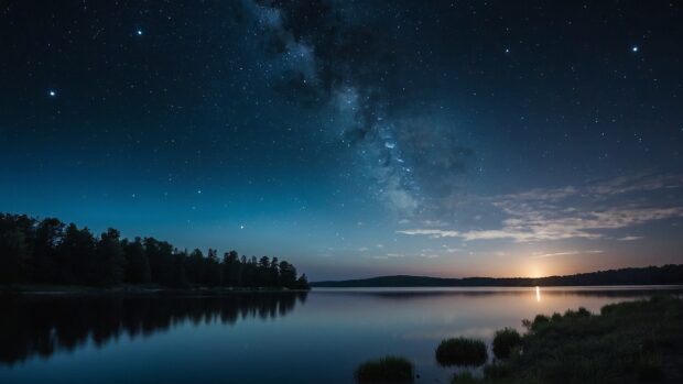 Mesmerizing summer night wallpaper with a star filled sky above a tranquil lakeside scene, where moonlight dances on the water's surface.