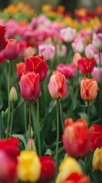 Multicolors field of tulips flowers iPhone wallpaper.