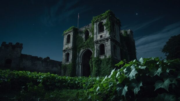 Mysterious summer night castle ruins wallpaper with ivy covered walls bathed in moonlight.