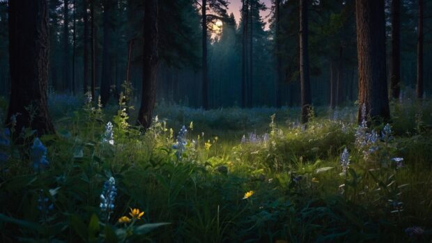 Mysterious summer night forest clearing wallpaper, with moonlight filtering through the trees onto a carpet of wildflowers.