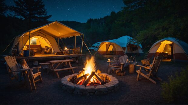 Nostalgic summer campfire scene with tents, s'mores, and storytelling under a canopy of stars.