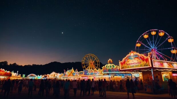 Nostalgic summer night carnival wallpaper with colorful Ferris wheels and carnival lights twinkling against the dark night sky.