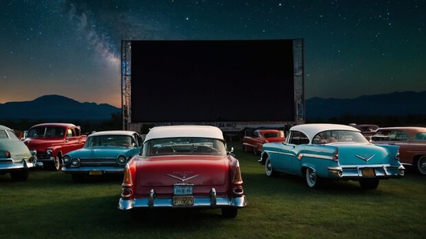 Nostalgic summer night drive in theater wallpaper with classic cars parked under the stars, watching a movie on the big screen.