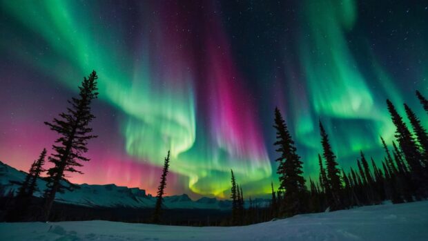 Otherworldly summer night aurora borealis wallpaper with vibrant curtains of light dancing across the northern sky.