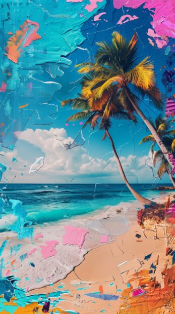 Palm trees and blue water in the background, beach scene with sand in the foreground, summer vibes HD wallpaper.