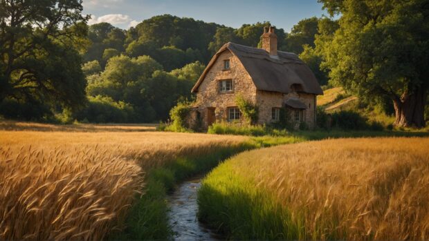 Peaceful summer countryside landscape wallpaper featuring a quaint cottage nestled among fields of golden wheat, with a meandering stream and towering oak trees nearby.