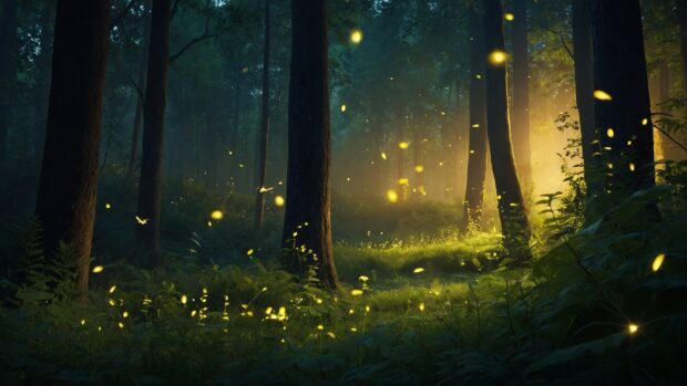 Peaceful summer night forest wallpaper featuring fireflies dancing among the trees, their soft glow casting a magical ambiance.