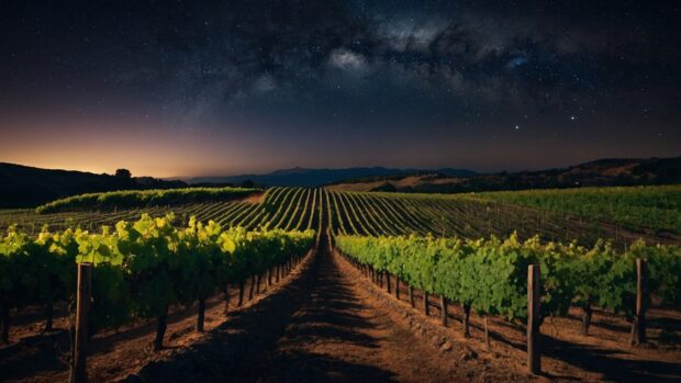 Peaceful summer night vineyard wallpaper with rows of grapevines stretching into the distance under a starry sky.