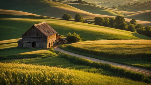 Picturesque countryside summer landscape wallpaper depicting rolling hills dotted with sun kissed fields of wheat.