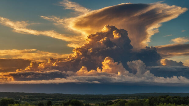 Picturesque summer sky wallpaper with wispy clouds and a golden hour glow.