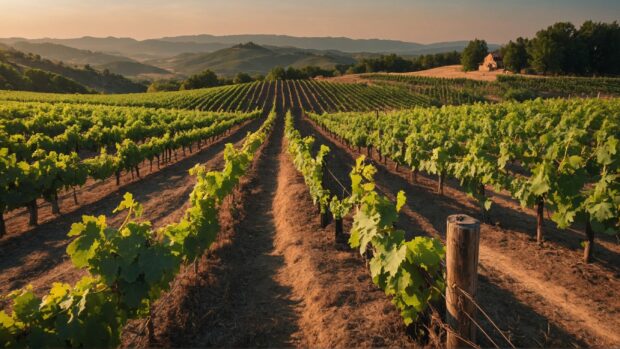 Picturesque vineyard with rows of grapevines, a rustic wooden fence, and a sun kissed sky.