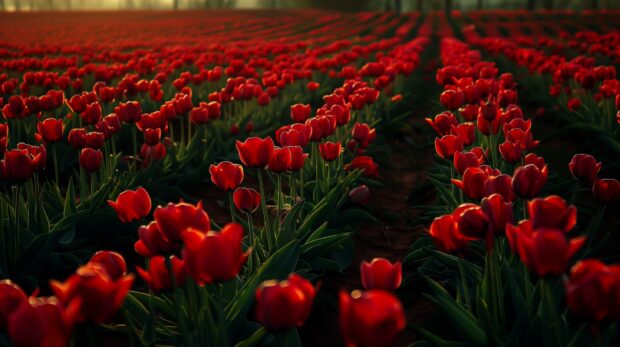 Red tulip flower field photography.