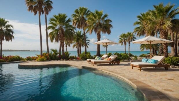 Refreshing poolside oasis with lounge chairs, palm trees, and colorful floats in the water featuring Summer vibes.