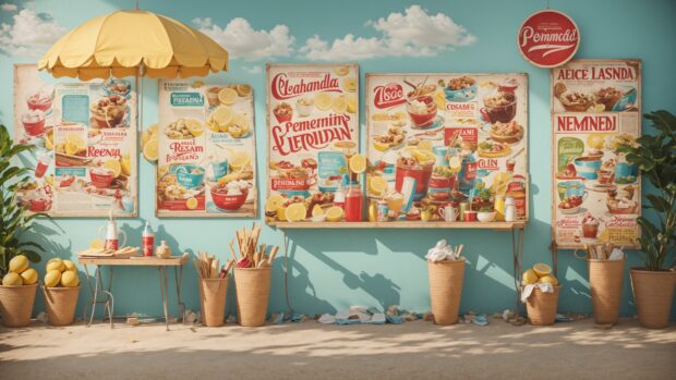 Retro style summer wallpaper with faded advertisements for ice cream and lemonade stands.