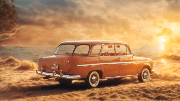 Retro summer wallpaper with a classic car parked on a sandy beach at sunset.
