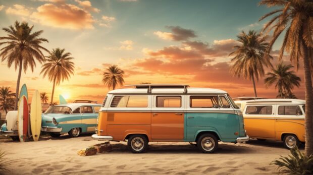 Retro summer desktop wallpaper with vintage surfboard.