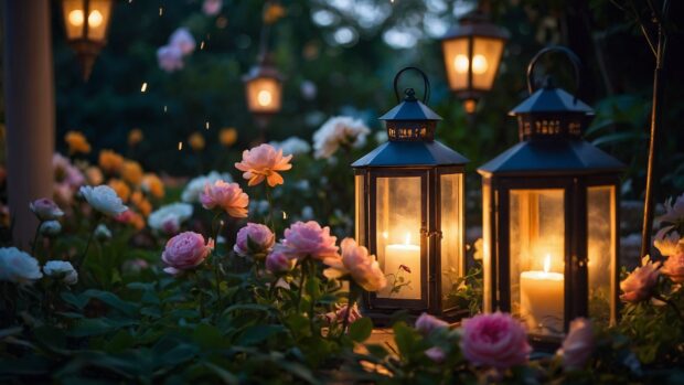 Romantic summer night garden wallpaper filled with blooming flowers and softly lit lanterns, evoking a sense of tranquility and romance.
