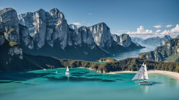 Scenic 4K wallpaper of a sailboat gliding across a shimmering blue lake on a calm summer day.