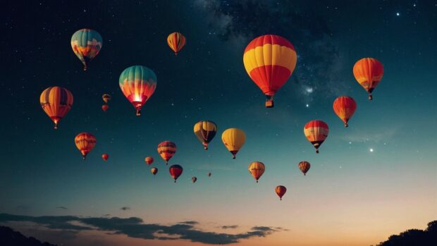 Serene summer night hot air balloon wallpaper with colorful balloons floating gracefully against the backdrop of a star filled sky.