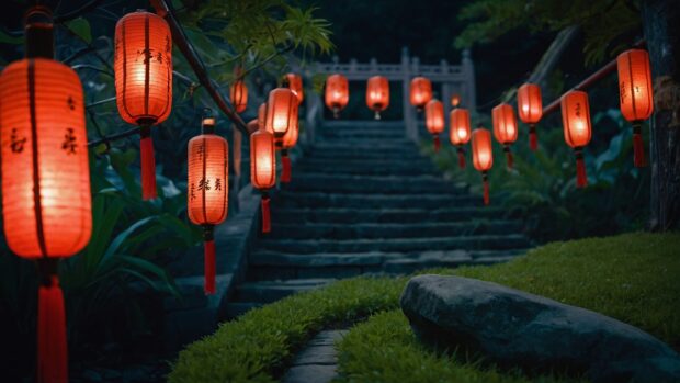 Serene summer night pagoda wallpaper with lanterns casting a soft glow on the surrounding gardens.