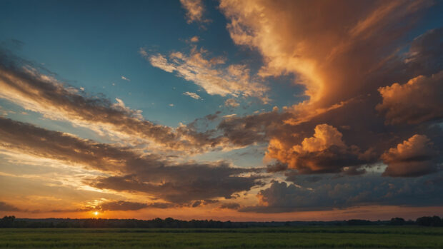 Serene summer sky wallpaper with scattered clouds and a warm sunset hue.