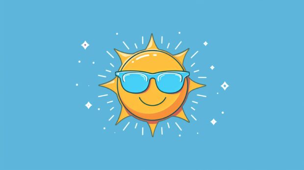 Simple flat logo design, sun with sunglasses on blue background show summer vibes.