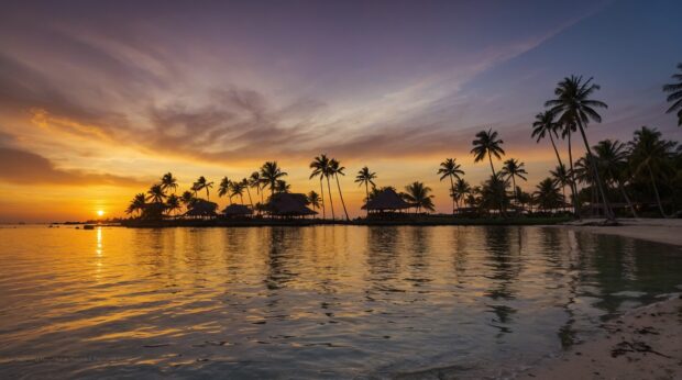 Summer Beach sunset with the sun sinking below the horizon, casting a warm glow over the water and silhouetting palm trees.