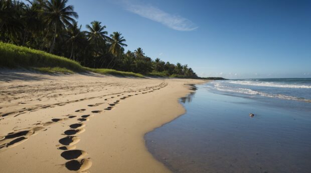 Summer Wallpaper HD with a lone figure walking along the shoreline, leaving footprints in the sand.