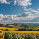 Summer Wallpaper countryside landscape with rolling hills, sunflower fields, and a blue sky dotted with fluffy clouds
