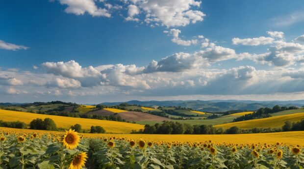 Summer Wallpaper countryside landscape with rolling hills, sunflower fields, and a blue sky dotted with fluffy clouds.