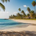 Summer beach HD Wallpaper with golden sands, azure waters, and palm trees swaying in the breeze