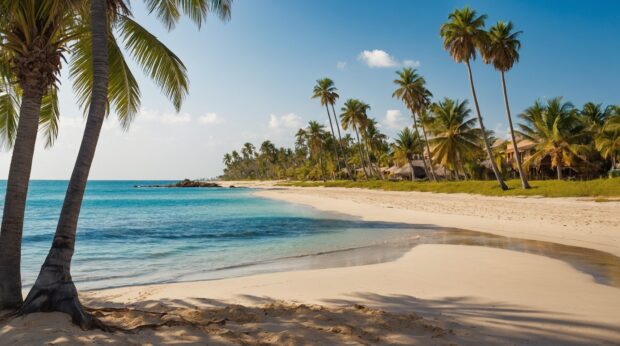 Summer beach HD Wallpaper with golden sands, azure waters, and palm trees swaying in the breeze.