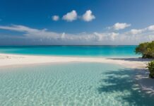 Summer beach HD desktop wallpaper with powdery white sands, crystal clear turquoise waters, and a cloudless sky.