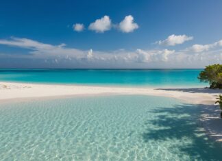 Summer beach HD desktop wallpaper with powdery white sands, crystal clear turquoise waters, and a cloudless sky.