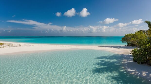 Summer beach HD desktop wallpaper with powdery white sands, crystal clear turquoise waters, and a cloudless sky.