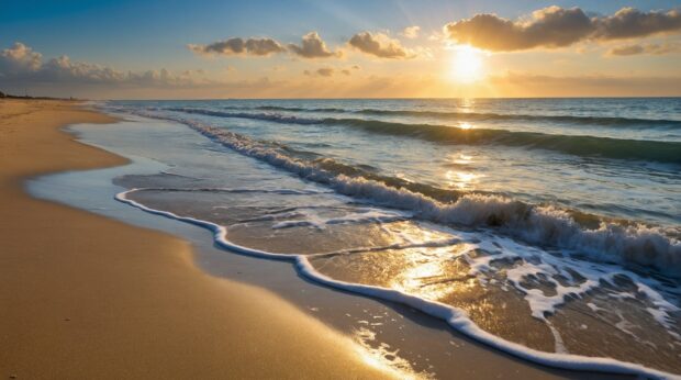 Summer beach desktop wallpaper with golden sands, azure waters, sunshine.