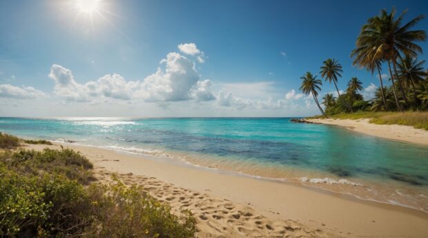 Summer beach scene wallpaper HD with golden sands, azure waters, and palm trees swaying in the breeze.