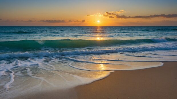 Summer beach wallpaper for desktop with golden sands, azure waters.