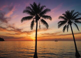 Summer sunset landscape wallpaper with silhouetted palm trees.